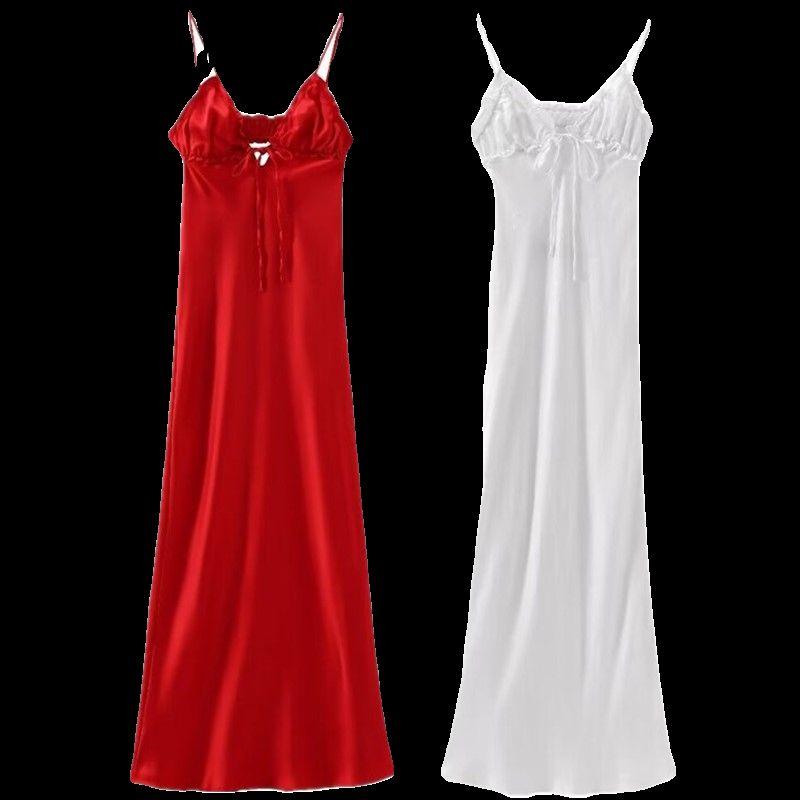 Fashion Style 2024 Summer Women's Laminated Decoration Silk Satin Texture Midi Skirt Sling Mid-Length Dress 3072/