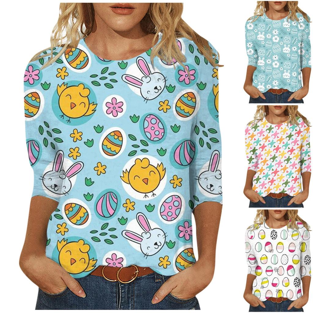 Cheap Women's Fashion Casual Three Quarter Sleeve Easter Print Round