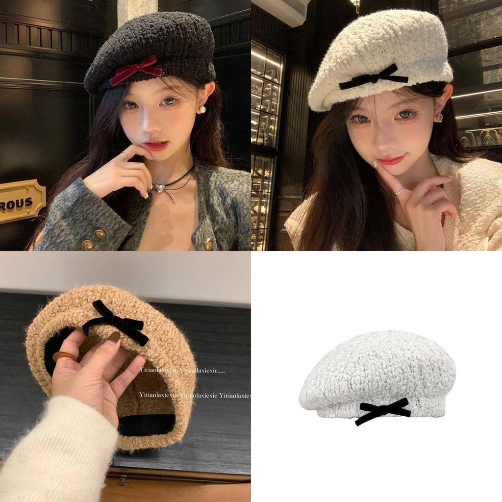 Beanie Hat Women Winter Warm Knit Cotton Blend With Bow Decor For Casual Wear
