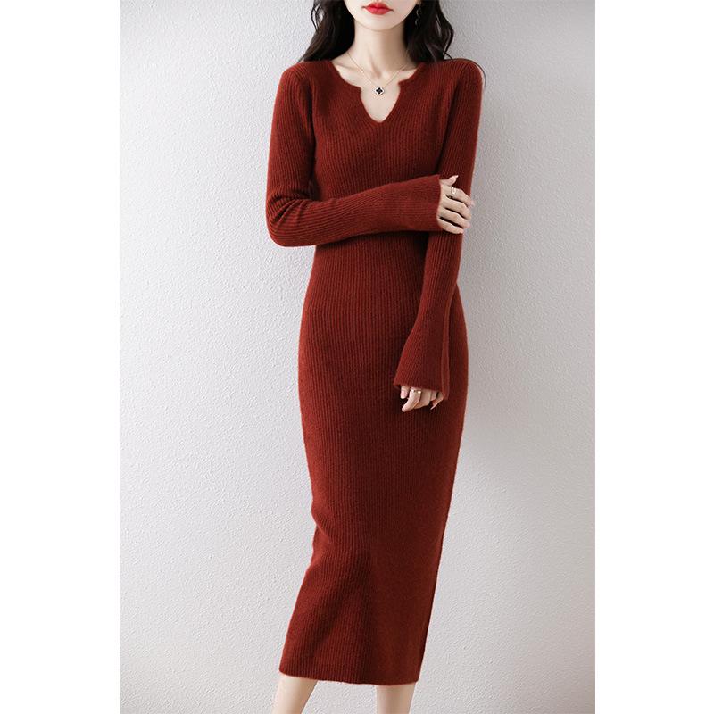 Autumn-Winter Pure Wool Trumpet Sleeve Mid-Length Sweater Dress