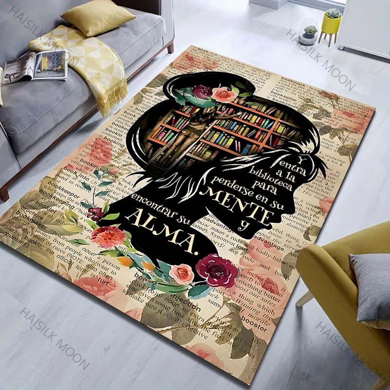 Bookshelf Newspaper Flowers Printed Carpet for Bedroom Living Room Bedside Sofa Floor Mat Modern Home Decor Area Rug