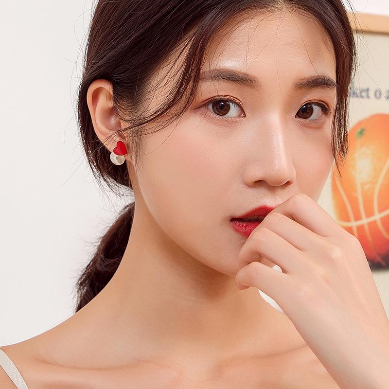 New Year S925 Sterling Silver Asymmetrical Red Heart Splicing Stud Earrings - Korean Light Luxury Jewelry