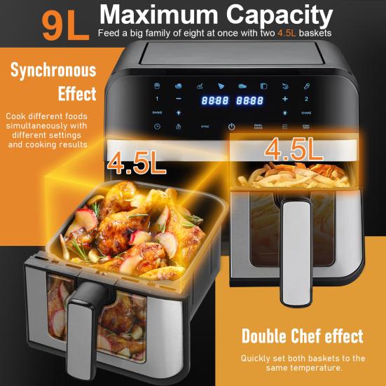 Friteuses à air chaud double zone avec fenêtre de visualisation Capacité 9L Double friteuse à air 2 tiroirs Écran tactile Fonction minuteur intelligent (EU Plug)