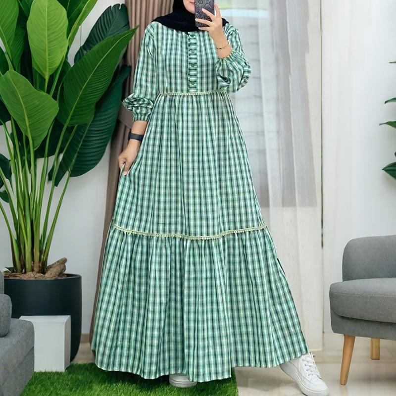 

ZANZEA Women Casual Round Neck Long Sleeve Loose Grid Print Dress