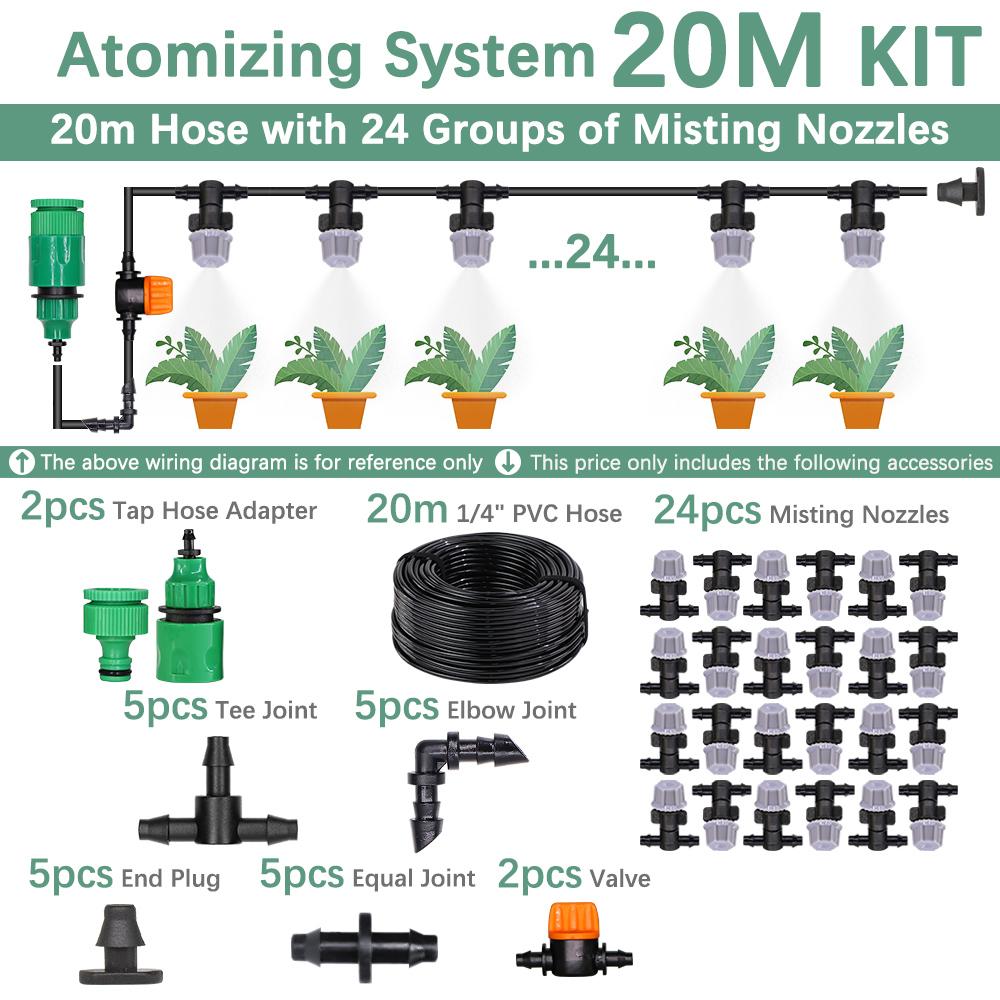 30-10m 60W Self-priming Pump Kit Misting Cooling System 1/4" 4/7mm Adjustable Nozzle Atomizer Sprayer Garden Irrigation Watering