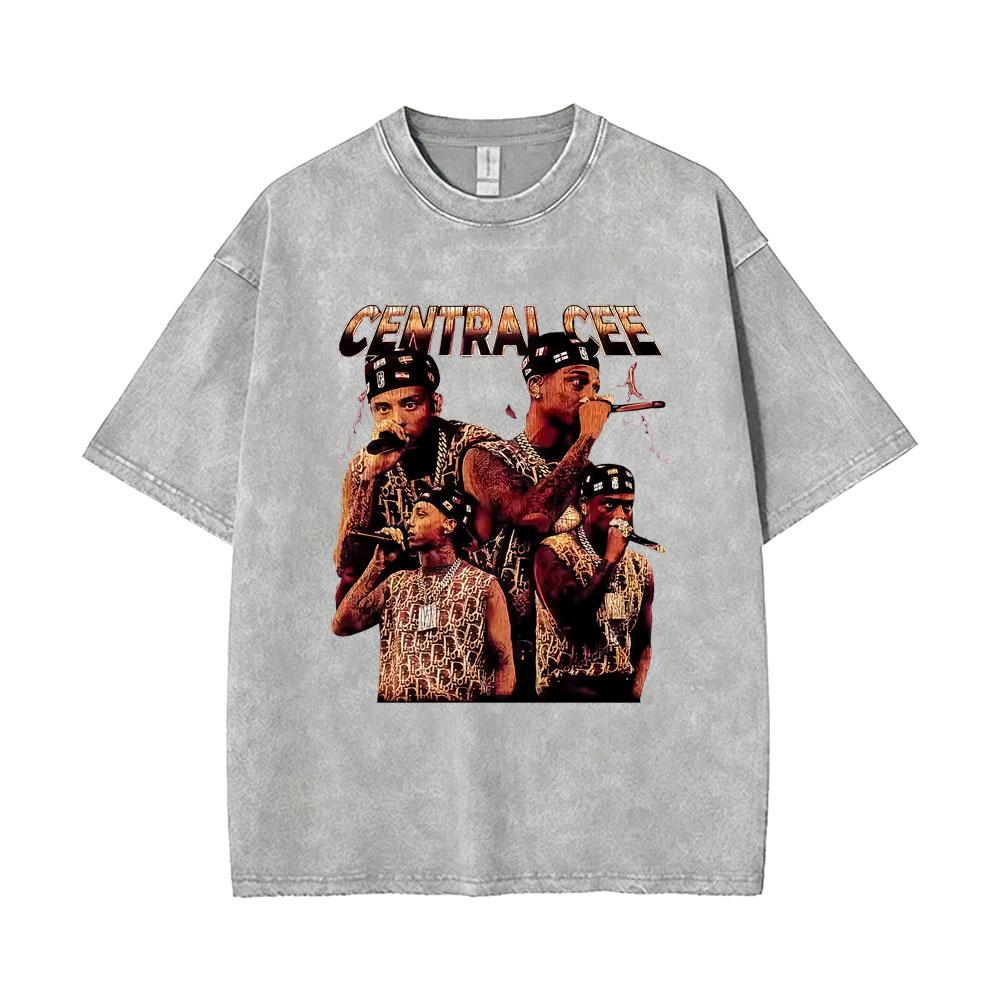 Washed Vintage Rapper Central Cee Face Graphic Tshirt Men Women Hip Hop Fashion Short Sleeve T Shirts Mens Oversized Streetwear