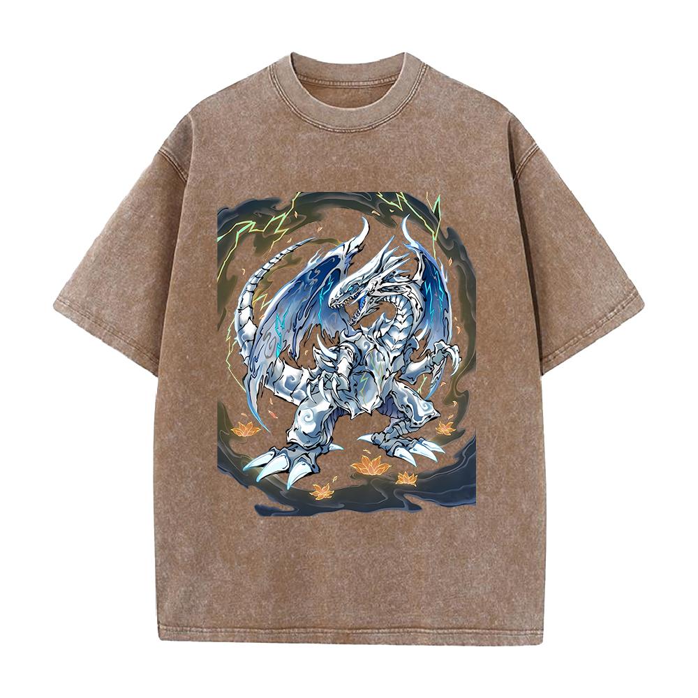 Yu-Gi-Oh! White Dragon T-shirt Summer Short Sleeve Oversized Tee Shirt Vintage Washed Cotton Tops Clothing