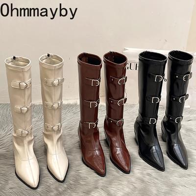 Winter Designer Women Knee High Boots Fashion Pointed Toe Modern Long Booties Ladies Casaul Thick Heels Botas Mujer