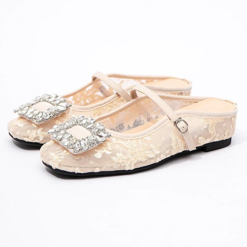 

Fashion Luxury Rhinestone Square Buckle Flat Shoes Women Comfortable Mesh Embroidery Brand Designer Shoes Elegant Commuter Office Shoes 35 бежевый