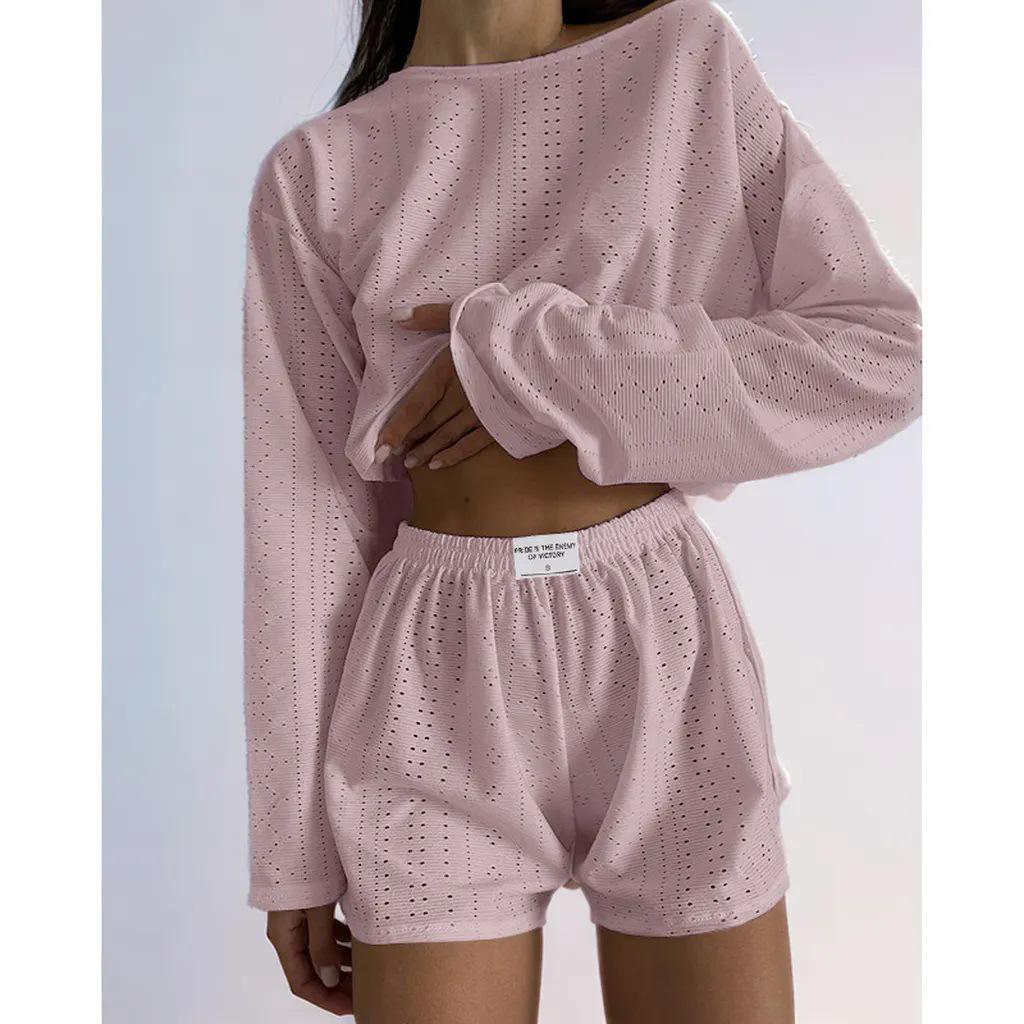 Europäischer und amerikanischer Damen Frühling/Sommer Slim-Fit Set: Lockeres Pullover-Top & Shorts, Schlichter, modischer, vielseitiger Stil