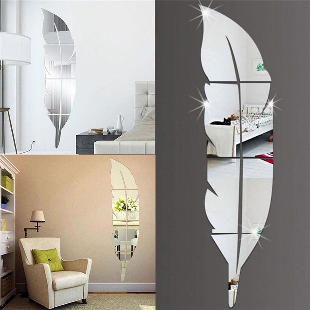Large Modern Feather Mirror Wall Sticker 120x30cm Acrylic Art Mural