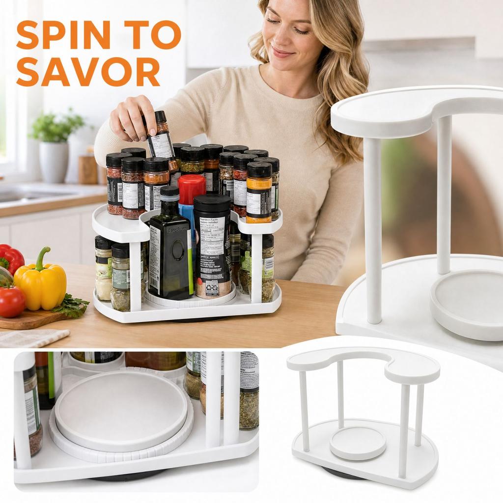 Rotating 2-Tier Rack, Floor Standing Seasoning Bottle Storage Shelf for Kitchen