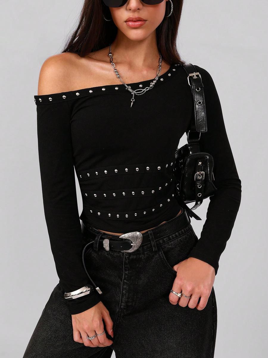 New Sexy Off-Shoulder Metal Strap Studded Decoration Slim Fit T-Shirt S чёрный