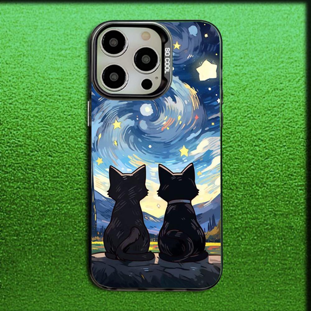 Sternenhimmel Van Gogh Schwarze Katze Handyhülle Für iPhone 16,15,14,13,12,11,Mini,Pro,MAX Grau Matt Silikon Schwarze Abdeckung
