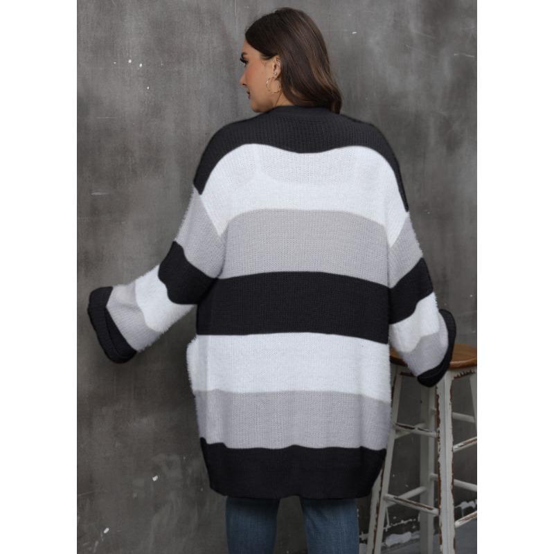 Women S Plus Size Striped V Neck Long Sleeve Knit Cardigan Coat