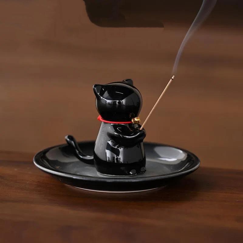 Cute Wishing Cat Ceramic Incense Burner Decoration Indoor Line Incense Holder for Tea Table | Temples Yoga Studios Home Decor