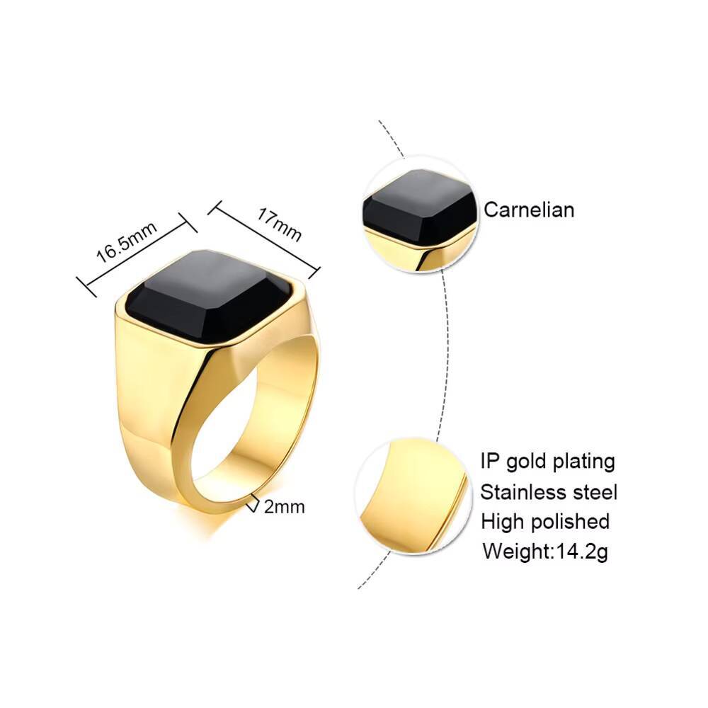 Vnox Stylish Gold Plated Rings for Men, Stainless Steel Geometric Square Stone Signet Ring, Punk Rock Cool Gifts for Him Jewelry