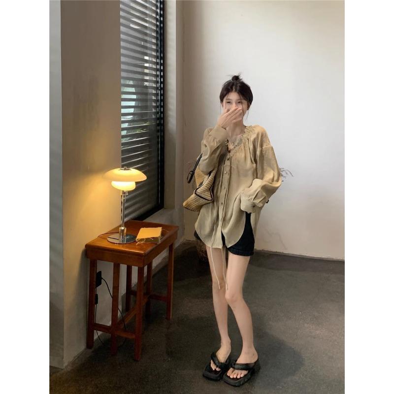 French Ruffled V-neck Shirt for Women Spring and Autumn Buttoned Loose Casual Top