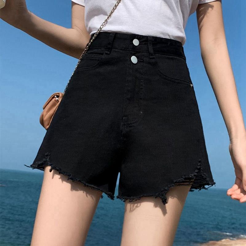 

Тканые брюки классические и минималистичные модные универсальные женские летние свободные с высокой талией тонкие широкие брюки для улицы A Word джинсовые шорты 2XL чёрный