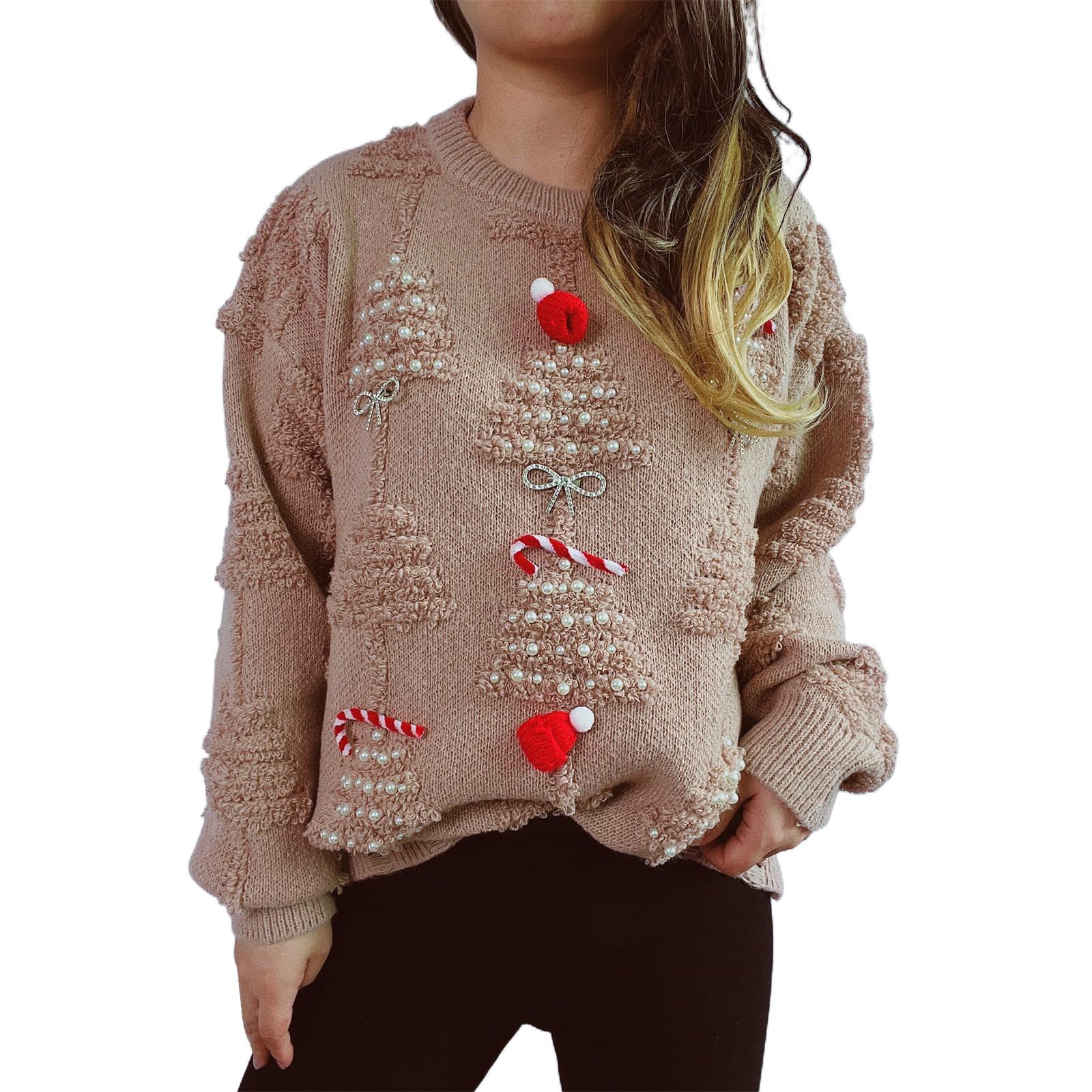 

Женская мода осень и зима рождественский свободный круглый вырез пуловер вязаный свитер M хаки