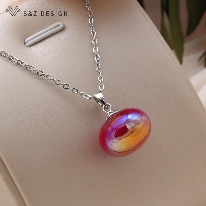 Fashion Colorful Beads Pendant Necklace For Women Wedding Rose Gold Color Collarbone Chain Jewelry Gift