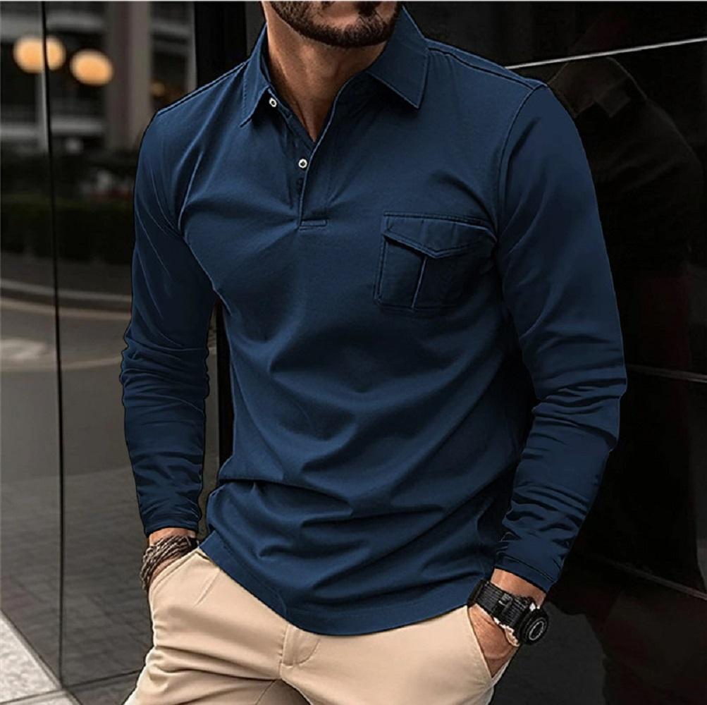 Autumn And Winter New Sports Polo Shirt Men's Long-sleeved Casual Lapel Polo Shirt Solid Color Pocket T-shirt