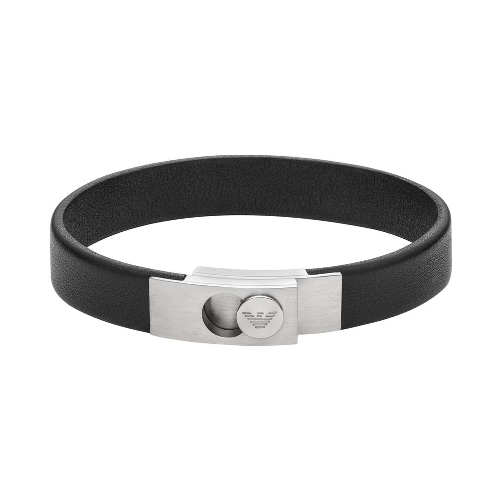 Emporio Armani Silver Stainless Steel Black Leather Strap Bracelet One Leather Stainless No Men's & Women's & (Model EGS3087040), Size, Steel,