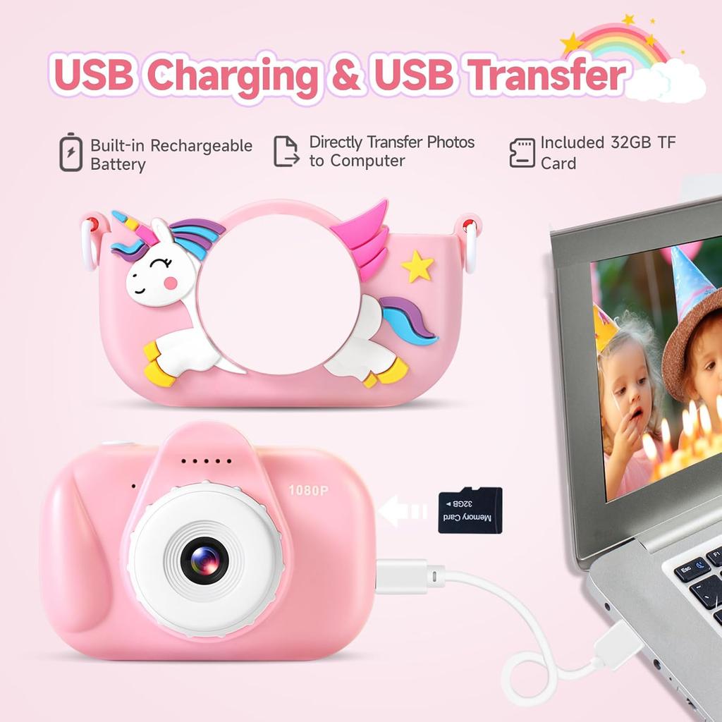 Kids Camera Toys for Girls Age 3-8, Kids Digital Camera Toddler Camera for 3 4 5 6 7 8 Years Old Birthday Gifts, 1080P Video Camera with Cute