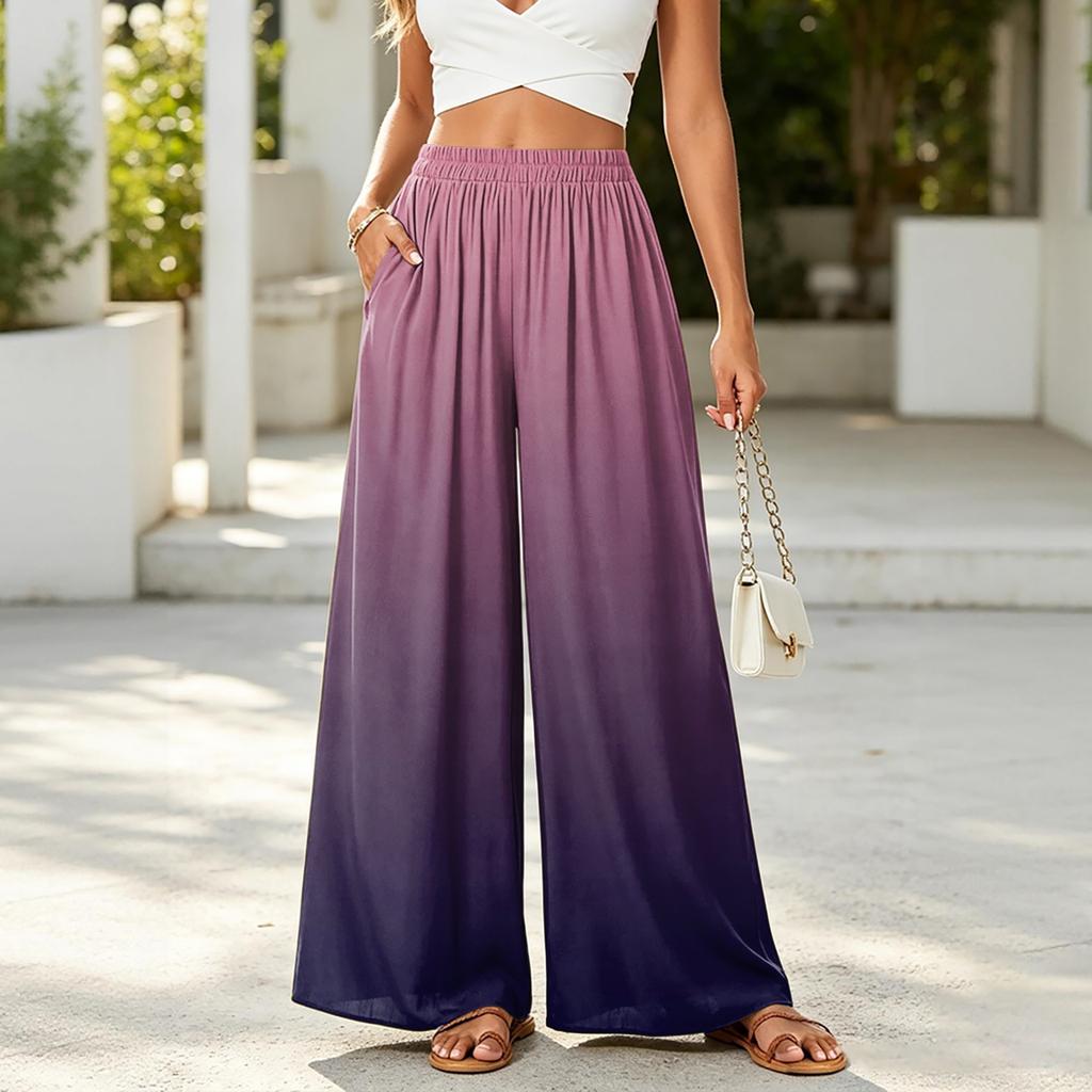 Damen Weite Leg Casual Hose Elastischer Bund Farbverlauf Print Leicht Bequem Palazzo Hose mit Taschen für den Alltag