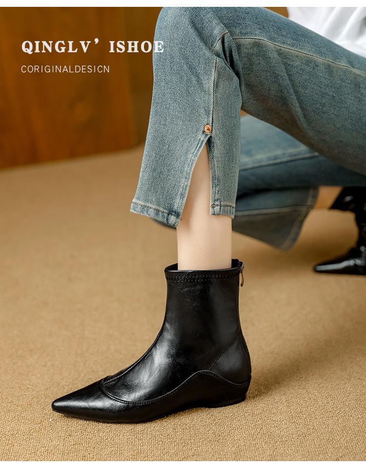 French Stretch Slimming Boots: Autumn/Winter Fleece-lined, Retro Style, Soft Leather, Inner Height Increase, Back Zipper Short Boots