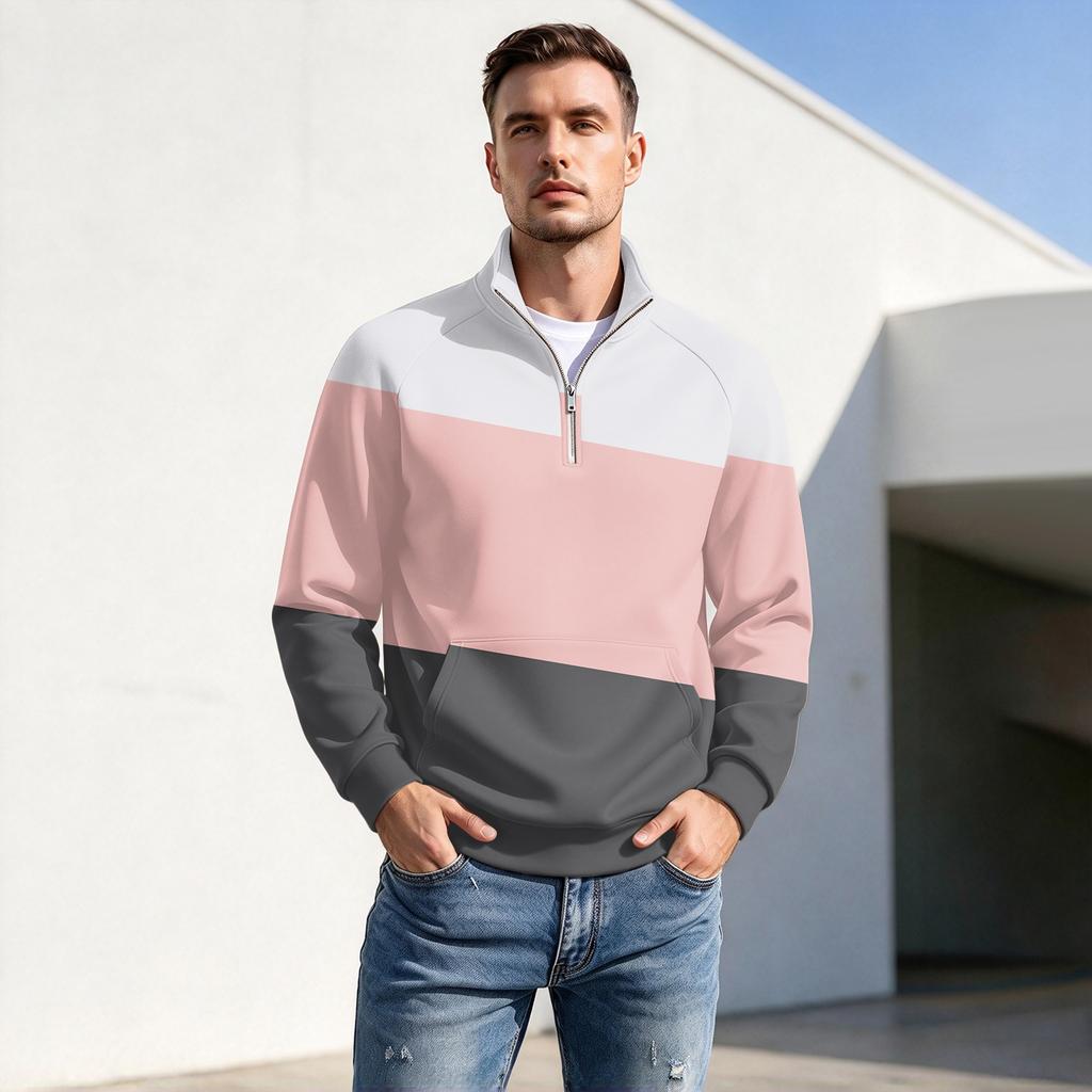 Men's Casual Zip Pullover Top with Stripe Print, Stand Collar, Wrinkle- Fall Winter Athletic Wear