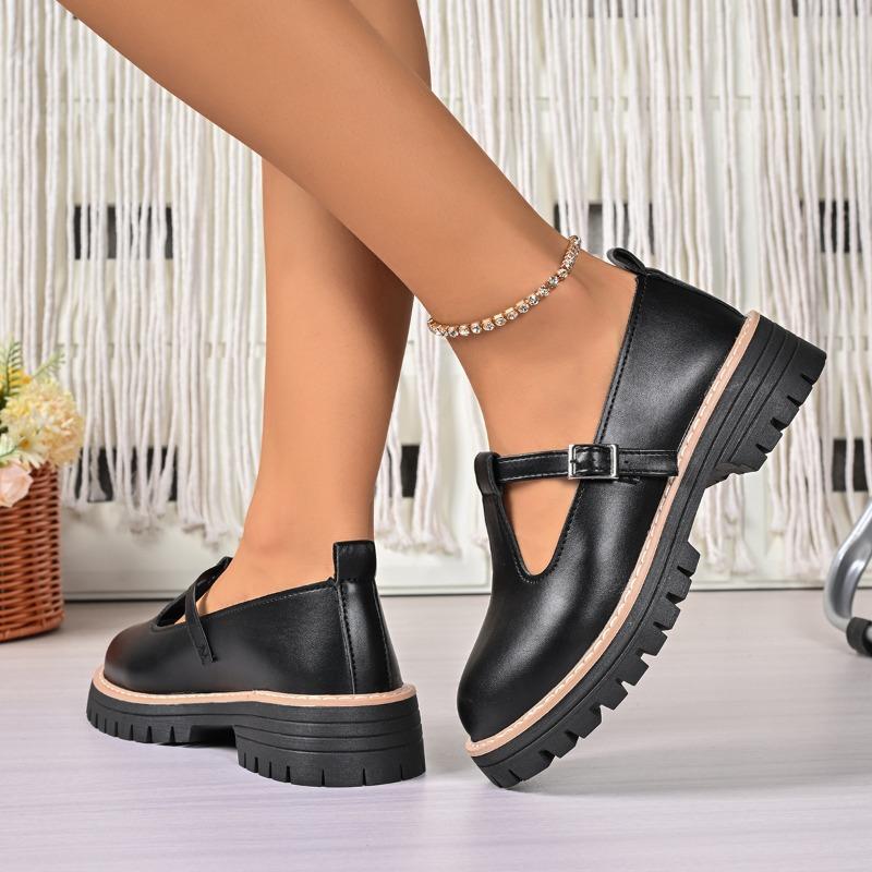 Block Heel Single Shoes Autumn New Round Toe Deep Mouth Platform Non-slip Slip Strap Low Top Shoes