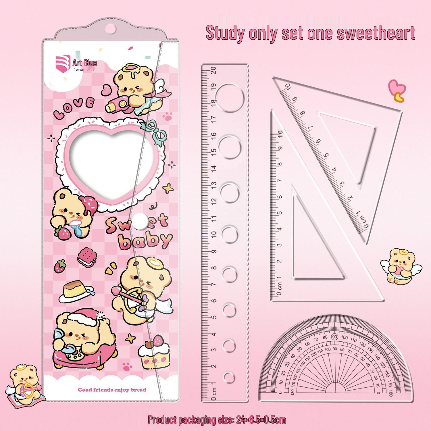 Capybara Cartoon Ruler Set: 4-Piece School Set with Protractor, Set Square, and Straight Ruler for Kids 20 cm