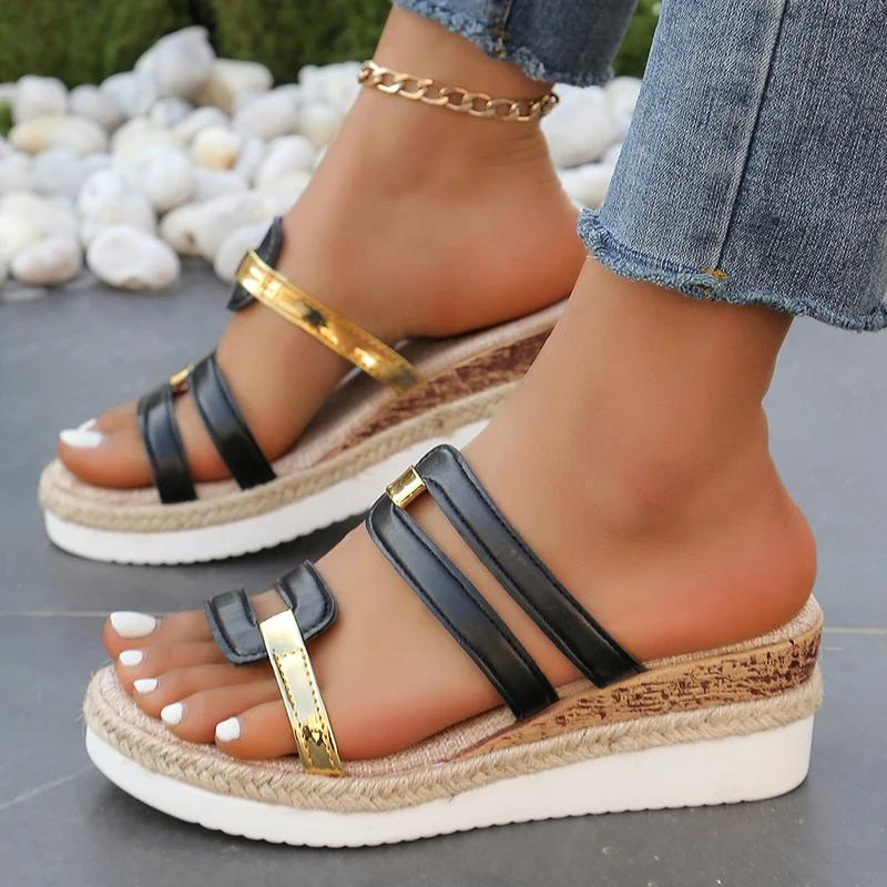 Fashion Plus Size Fashion Wedge Heeled Sandals for Women Summer Casual Non Slip Beach Shoes Woman Lightweight Slip On Platform Sandalias