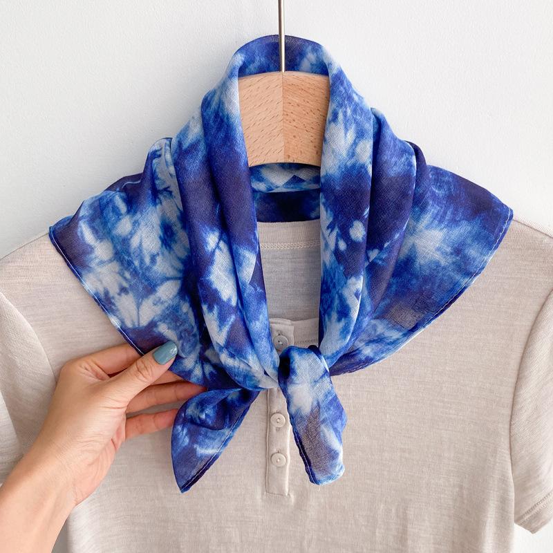 Flax small square scarf silk scarf women's headscarf neck protection scarf imitation blue dye handmade tie-dye scarf Yunnan yarn scarf thin scarf