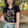Sommer Vintage Lustige Cartoon Schwarz T-Shirt Damen O-Ausschnitt Kurzarm Reine Baumwolle T-Shirts Lässig Elastisch Skinny y2k Crop Tops Damen Kleidung