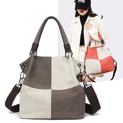 Damen Canvas Tasche Nähte Kontrastfarbe Tote Fashion Stil Handtasche Schultertasche Retro Umhängetasche Damen Große Tasche