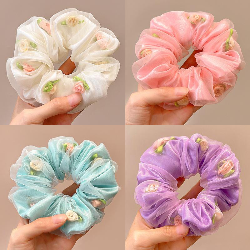 Rose Large Fat Intestine Hair Band Double-Layer Organza Head Flower Hair Band High Value Ponytail Hair Accessories