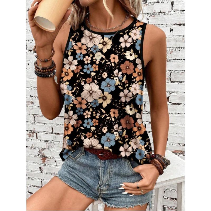 

Женская майка-топ свободного покроя с принтом, летний топ с круглым вырезом и футболкой без рукавов XXL чёрный