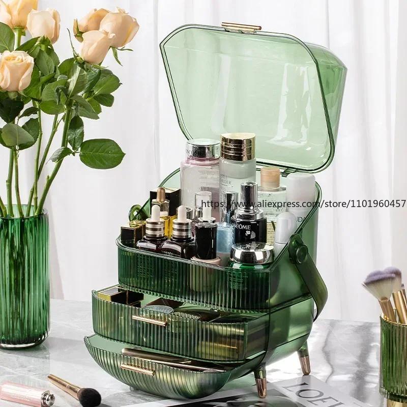 Stolní organizéry na make-up s víkem Velkokapacitní kosmetický úložný box Zásuvka pro péči o pleť Odolný proti prachu Držák štětců na make-up