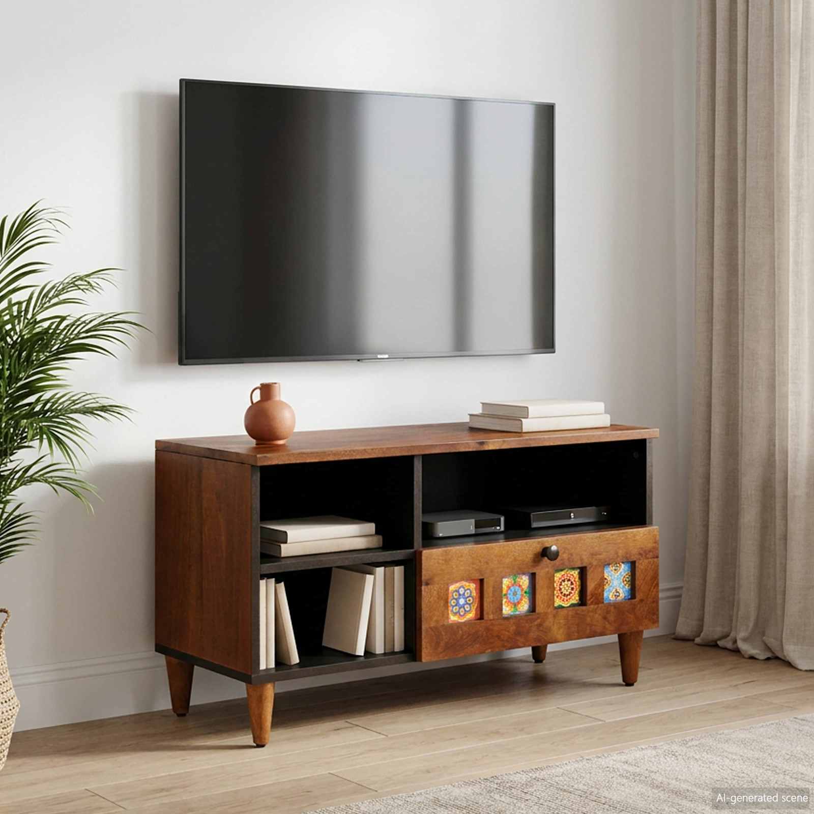 TV-Schrank mit Regal Walnuss-Finish 80 x 33 x 46 cm Massives Mangoholz