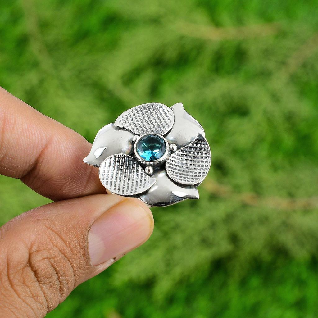 925 Sterling Silver Swiss Blue Topaz Gemstone Flower Stackable Wife Ring Jewelry