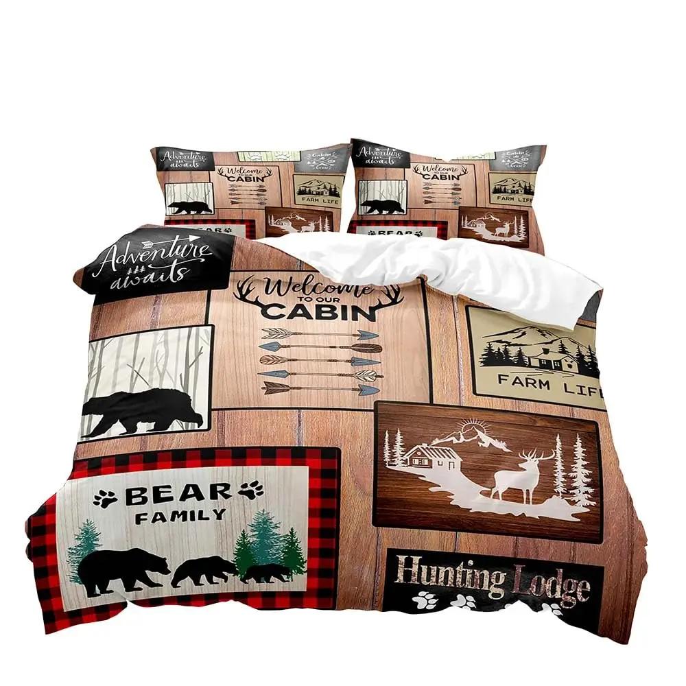 Elch Schwarzbär Bettbezug Queen Set, Wildtiere Hirsch Bettwäsche Set, Rustikales Schlafzimmer Dekor für Männer Freund Teenager Junge, 2 Kissenbezüge