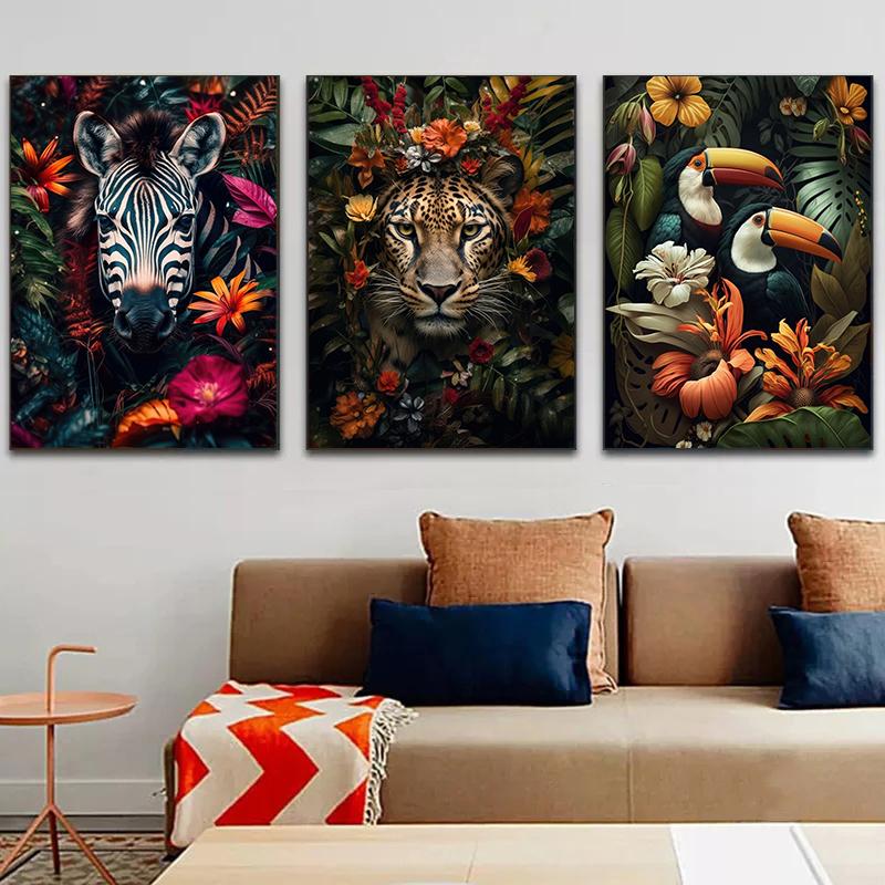 Lion Flamingo Panda Monkey In Flower Jungle Art Posters Wild Animal Art Canvas Painting Print Wall Art Picture Home Decor Mural