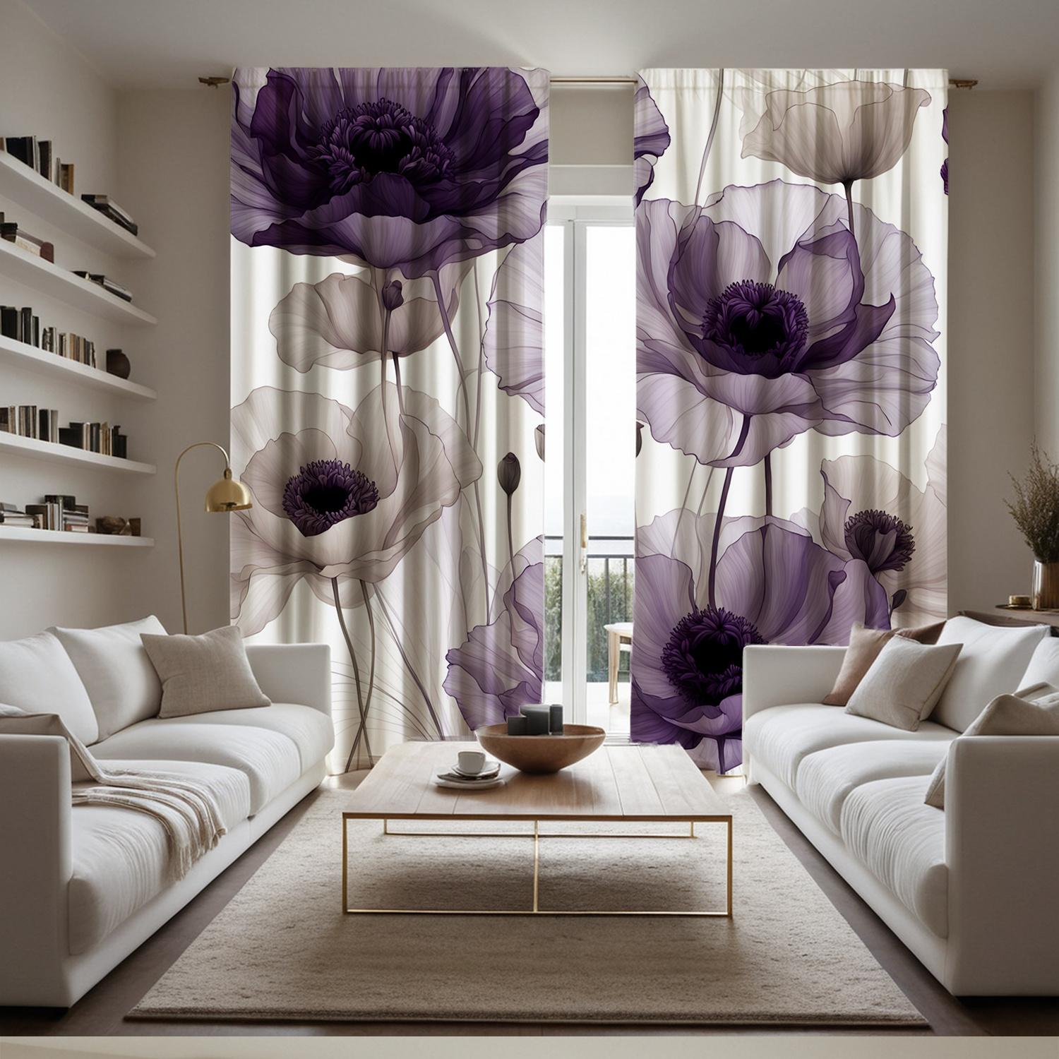 

Set Of 2 Elegant Purple Floral Curtains High Definition Digital Print Design Easy Hanging Semi Transparent Curtain Light Filtering With Rod Pocket W100*H70(CM)-Grommet top&2PCS