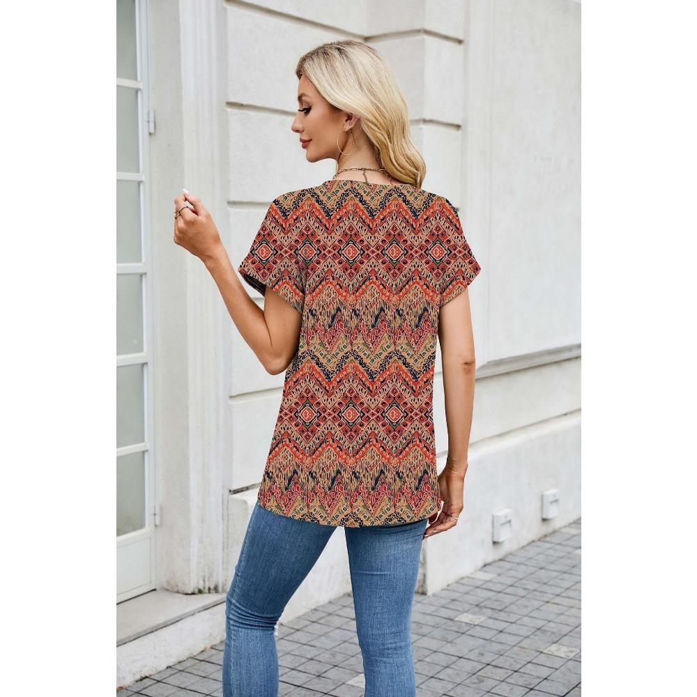 Summer Printed Round Neck Loose Short Sleeved T-shirt Casual Versatile Top for Women