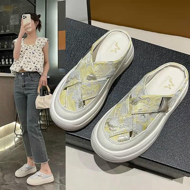 Fashion Loafers Low Female Shoes Womens Slippers Outdoor Slides Cover Toe Fretwork Heels Platform 2025 Rubber Plastic PU Retro Scandals