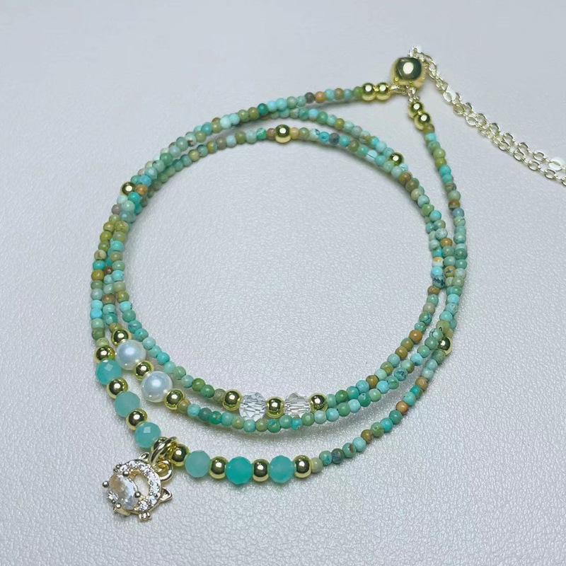 Natural crystal jewelry, turquoise small particle three-circle bead bracelet, bracelet and necklace.