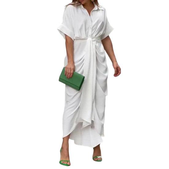 Sukienka letnia damska z kołnierzykiem w serek, sznurowana, z wysokim stanem, z krótkimi rękawami, typu koszuli, jednorzędowa, plisowana, do kostek, dojazd do pracy, maxi