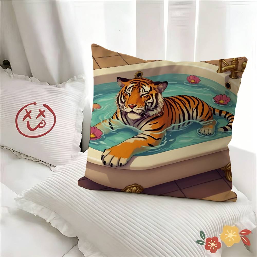 pc Colorful Bathtub Animal Tiger Pillow Case Fashion Square Pillowcase Bedroom Sofa Room Ins Decoration Leisure
